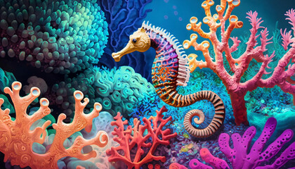 Fototapeta na wymiar Seahorses in a colorful coral reef