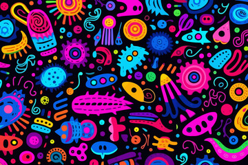 Neon colors quirky doodle pattern, wallpaper, background, cartoon, vector, whimsical Illustration