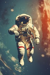 Fototapeta premium Astronaut in space. 1960s style poster design. Generative Ai