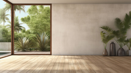 Fototapeta premium Empty room with grey wall, wooden floor with plants and window. Interior design mockup