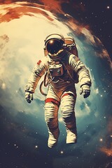 Fototapeta premium Astronaut in space. 1960s style poster design. Generative Ai