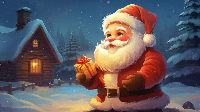 Cute Santa Claus Christmas illustration design. Cartoon, xmas, old man, winter, vector-like, Generative AI