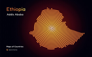 Naklejka premium Abstract gold map of Ethiopia with circle lines. identifying its capital city, Addis Ababa African set. Spiral fingerprint series