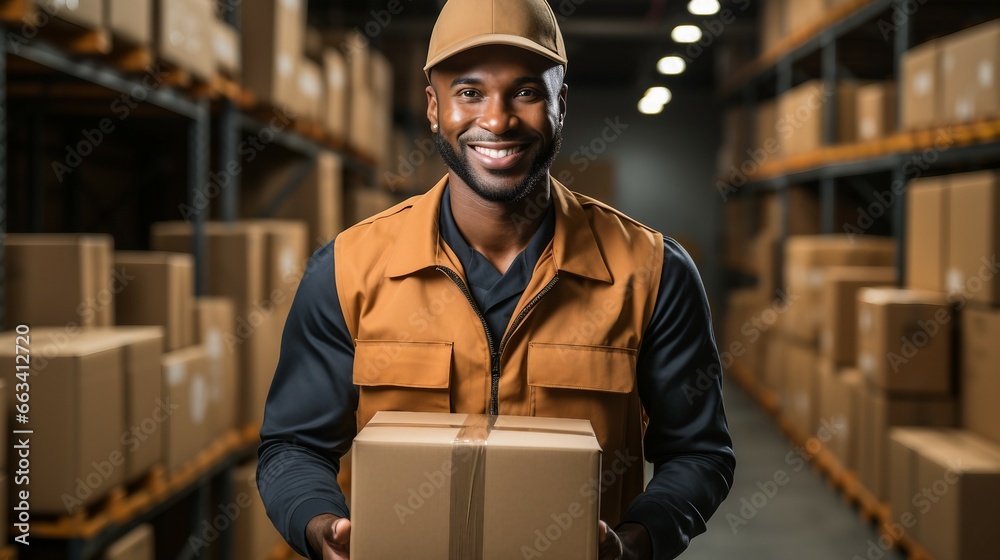 Poster Man Wearing a Helmet and Holding a Box