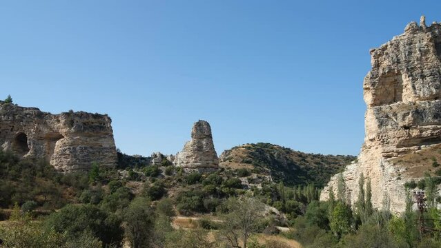 The ancient city of Pepouza. Karahalli district, Usak, Turkey. Ancient buildings of the Phrygian valley. Turkey travel destinations.4k video 