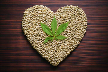 Hemp seeds arranged in a heart shape, underlining their nutritional value and potential as a superfood. 