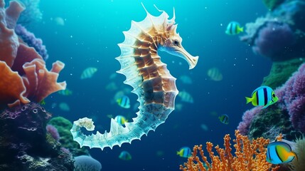 Fototapeta na wymiar Graceful Seahorse Swimming in Coral Reef