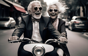 Casal feliz aposentado em uma scooter de férias. Plano de previdência. Foto de alta qualidade - obrazy, fototapety, plakaty