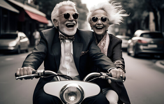 Casal feliz aposentado em uma scooter de férias. Plano de previdência. Foto de alta qualidade