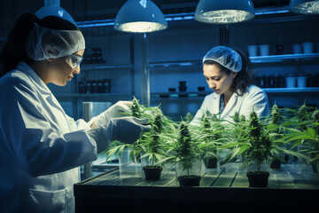 In a well-equipped laboratory, scientists inspect healthy hemp leaves, ensuring they are free from contaminants and suitable for research. 
