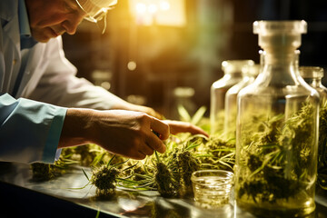 A scientist carefully extracts essential oils from hemp leaves using advanced equipment, investigating their potential therapeutic properties.  - obrazy, fototapety, plakaty