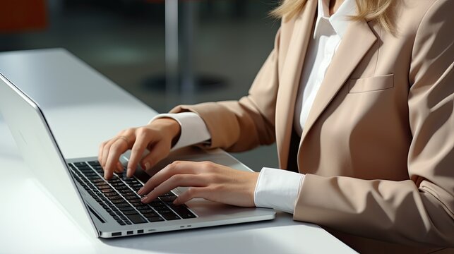 Close up photo of woman hands typing on computer keyboard.