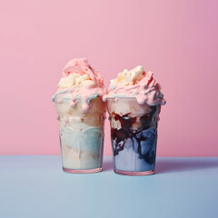 Two glasses, ice cream dessert with chocolate topping, summer refreshment composition, pastel pink and blue background.