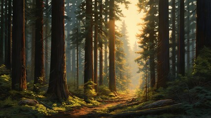  a painting of a sunlit forest with a path through the trees.  generative ai