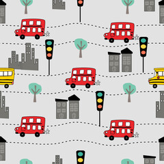 bus ,School bus cartoon pattern design concept. car and city traffic and sign on white background.Design for kid clothing.printing ,fabric pattern