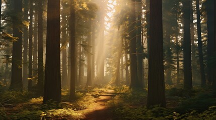  a path in the middle of a forest surrounded by tall trees.  generative ai
