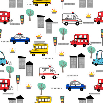 Pattern for kids.Pattern cartoon of ambulance car ,school bus ,bus ,police car on the road pattern. Car in city and traffic light