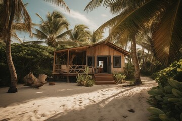 Secluded beach retreat with relaxing lounge area surrounded by palm trees beside the ocean. Generative AI