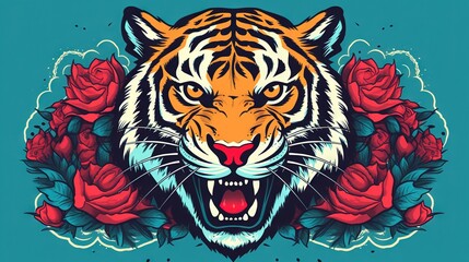  a tiger's face with roses on a blue background.  generative ai