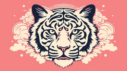  a tiger's head with a pink background and white clouds.  generative ai