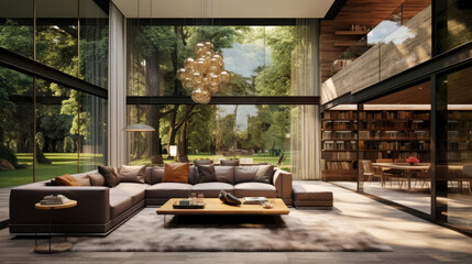 Luxury mansion interior building with garden. Tropical vacation home. Interior design mockup