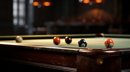 A billiard table, with the balls racked up in the corner