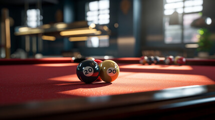 A billiard table, with the balls racked up in the corner