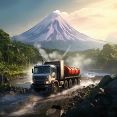 Off-road truck with rocky mountain background hand-drawn illustration