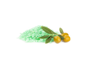 Spa sea salt isolated on white background. Sea salt with olive extract on the table. Beauty concept. Sea bath salt. Space for text, space for copy. Close-up.