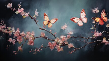  a painting of a branch with pink flowers and three butterflies on it.  generative ai