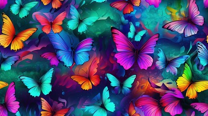  a group of colorful butterflies flying through the air on a blue background.  generative ai