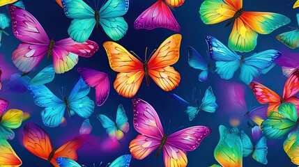  a group of colorful butterflies flying in the sky with a blue background.  generative ai
