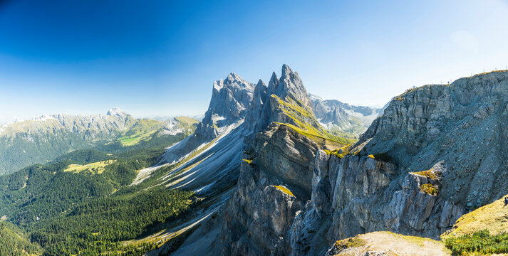 A panorama of the world famous peaks of Seceda in the Italian Dolomites on a clear day.