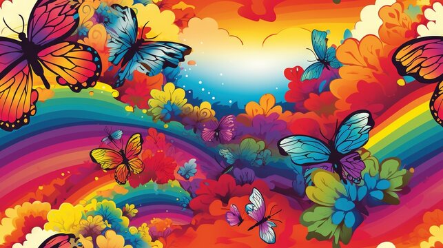  a colorful background with butterflies flying over a rainbow colored field.  generative ai