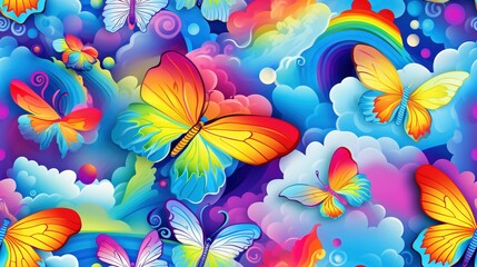  a bunch of colorful butterflies flying in the sky with clouds. generative ai