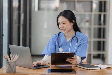 Medicine women doctor holding clipboard and digital laptop, Medical technology and futuristic, healthcare concept.