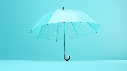  a blue umbrella with white polka dots on it is open on a blue background with a black handle and a black tip on the tip of the umbrella.  generative ai