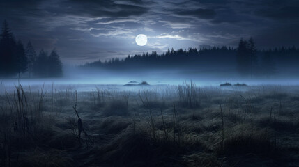 A blanket of fog stretches across a meadow, the moonlight shining through like a beacon in the darkness