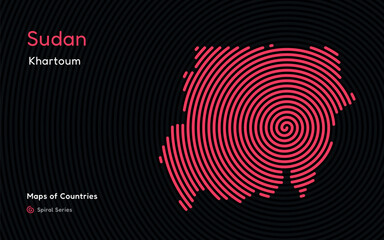 Abstract map of Sudan with circle lines. identifying its capital city, Khartoum African set. Spiral fingerprint series