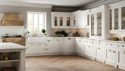 White kitchen decor, interior design and house improvement, classic English in frame kitchen cabinets, countertop and applience in the country house, elegant cottage style.