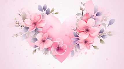  a pink heart with pink flowers on a pink background with watercolor splashes.  generative ai
