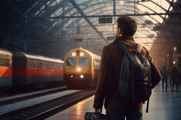 A man looks at arriving train in a railway station. Travelling man. Young man at railroad station platform.