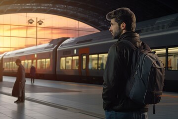 A man looks at arriving train in a railway station. Travelling man. Young man at railroad station platform.