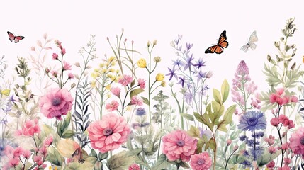 Obraz na płótnie Canvas a painting of a field of flowers with butterflies flying above it and a white background with a light pink sky in the middle of the picture. generative ai