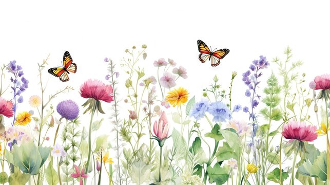  a painting of a field of flowers with a butterfly flying over it and a white background with a white border with a watercolor painting of a field of flowers and butterflies.  generative ai