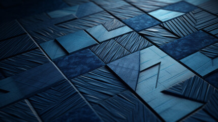 A blue, textured rug, with a geometric pattern of triangles and squares 