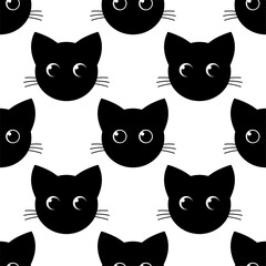 Cat faces black and white seamless pattern. Vector illustration.