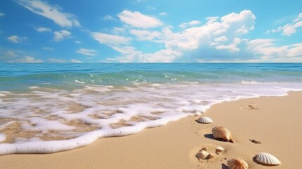 Fototapeta na wymiar Serene Beach with Seashells and Footprints