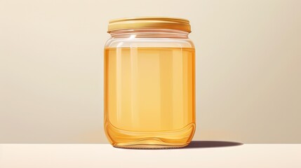  a jar of liquid sitting on top of a table next to a white tablecloth and a yellow wall behind the jar is a yellow lid.  generative ai