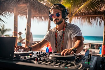 DJ at beach party - obrazy, fototapety, plakaty